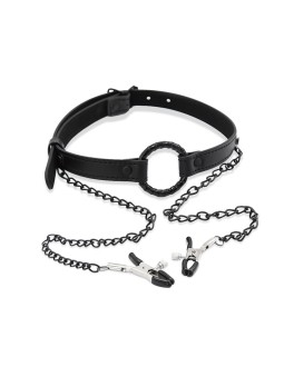 Mordaza de Aro y Pinzas para Pezones Cuero Vegano 2