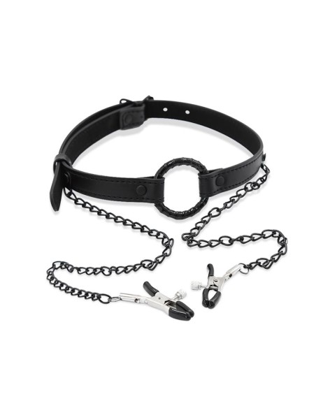 Mordaza de Aro y Pinzas para Pezones Cuero Vegano