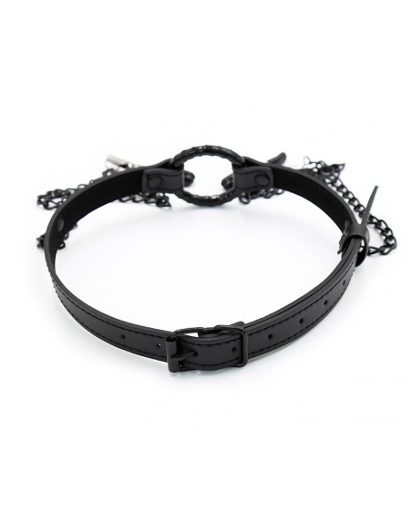 Mordaza de Aro y Pinzas para Pezones Cuero Vegano