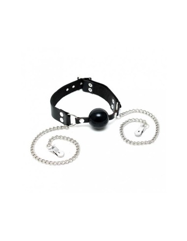 Mordaza Cuero y Pinzas para Pezones Ajustable